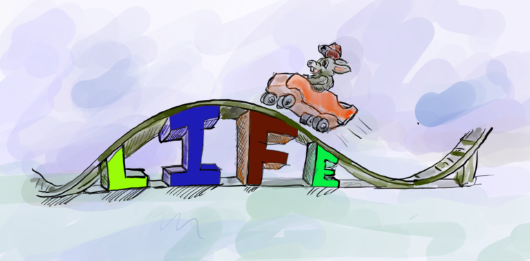 A mouse riding a roller coaster that spells the word 'Life@